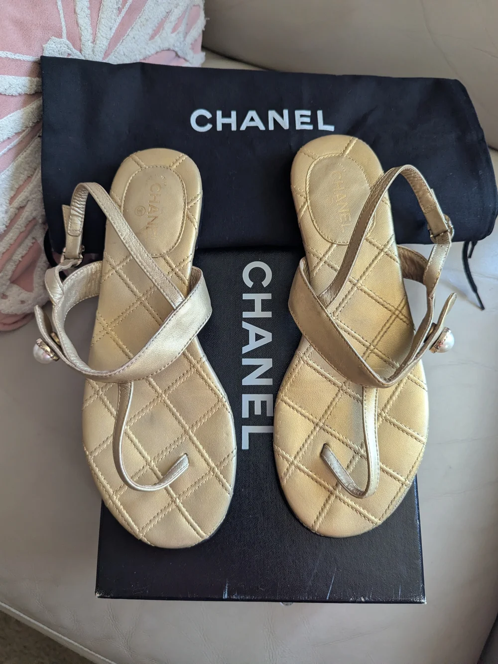 CHANEL Metallic Gold Quilted Leather Slingback Sandals